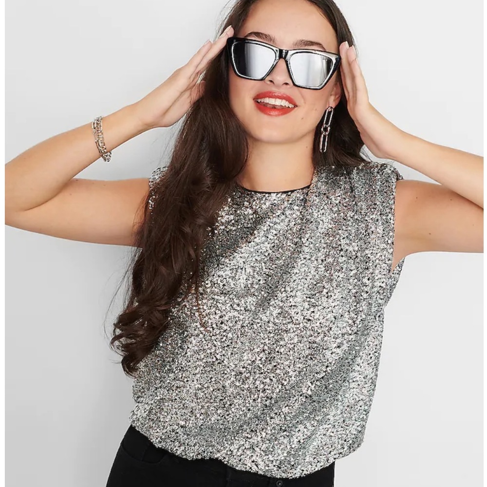 Express Sequin Ruched Strong Shoulder Top